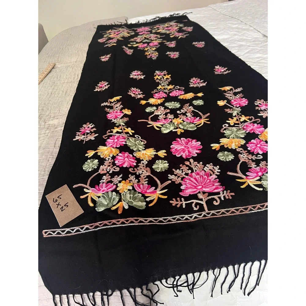 Pashmina 100% Cashmere Floral Embroidered Shawl Rebozo Black Fringe Wrap 65x25